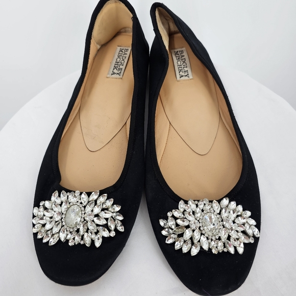 Badgley Mischka Pippa Crystal Flats Size 8 Black Satin - Picture 4 of 6
